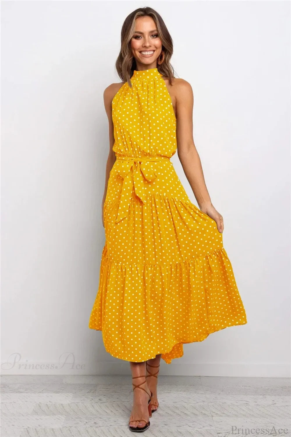 Summer Floral Print Halter Neck Beach Floral Dress Yellow / S oldfloraldress-250126