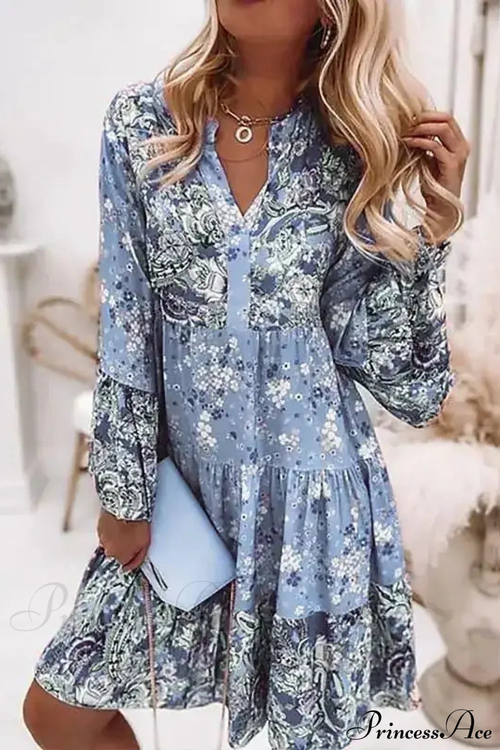 Summer Floral Print V Neck Ruffles Boho Dress