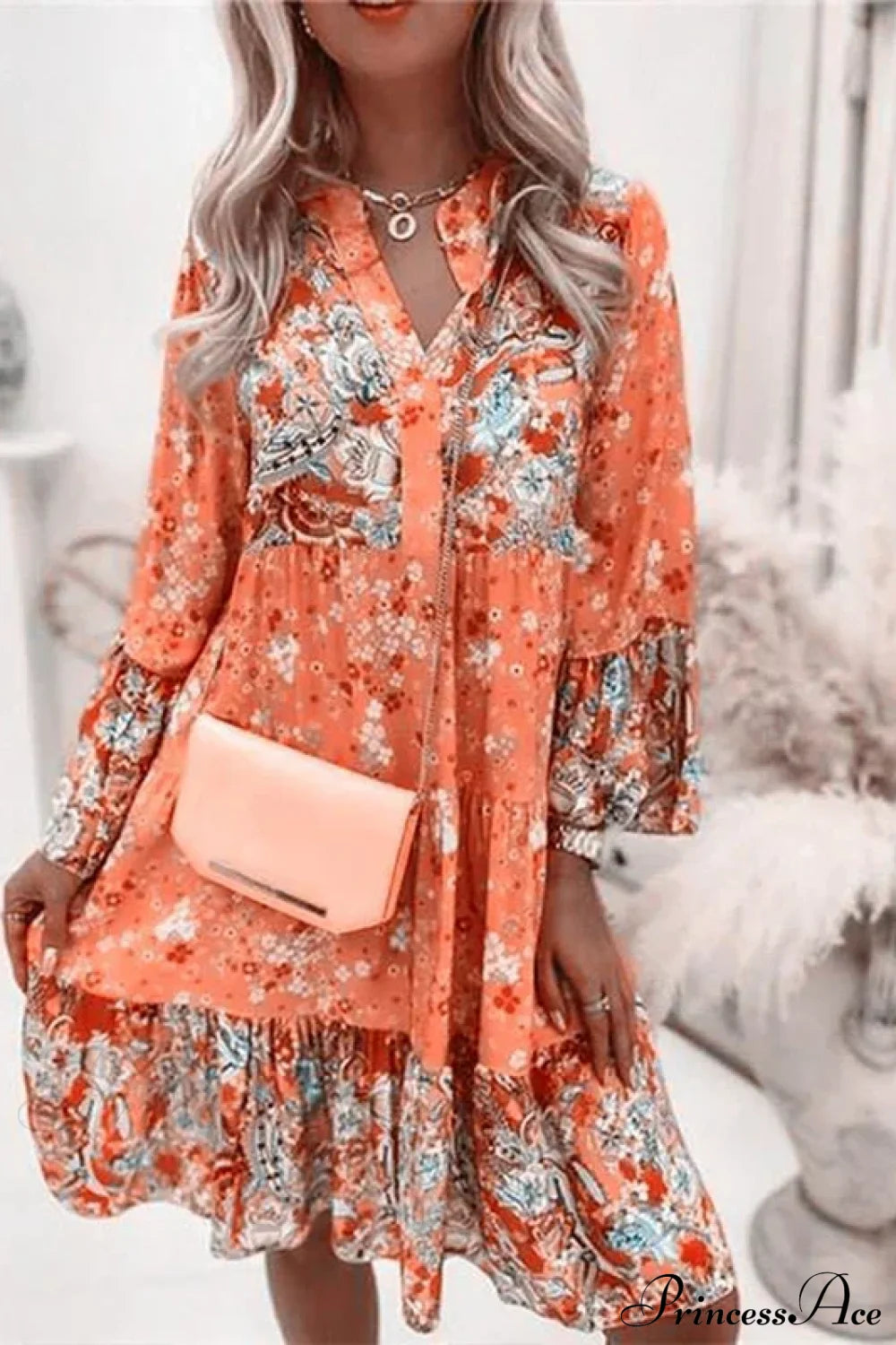 Summer Floral Print V Neck Ruffles Boho Dress Orange / S