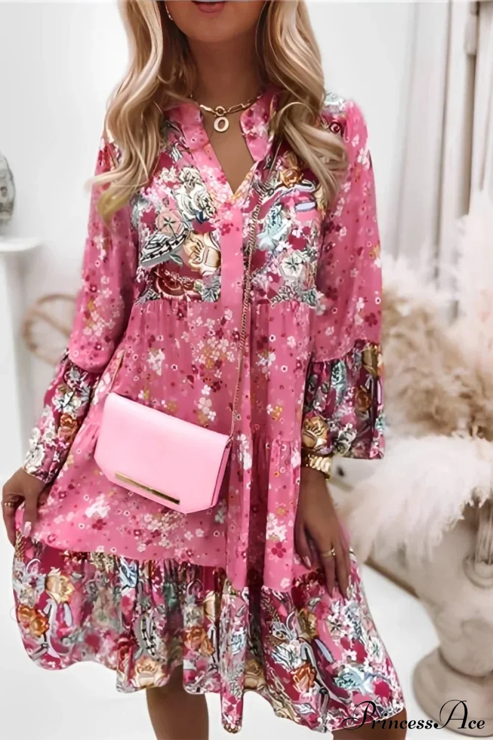Summer Floral Print V Neck Ruffles Boho Dress Pink / S