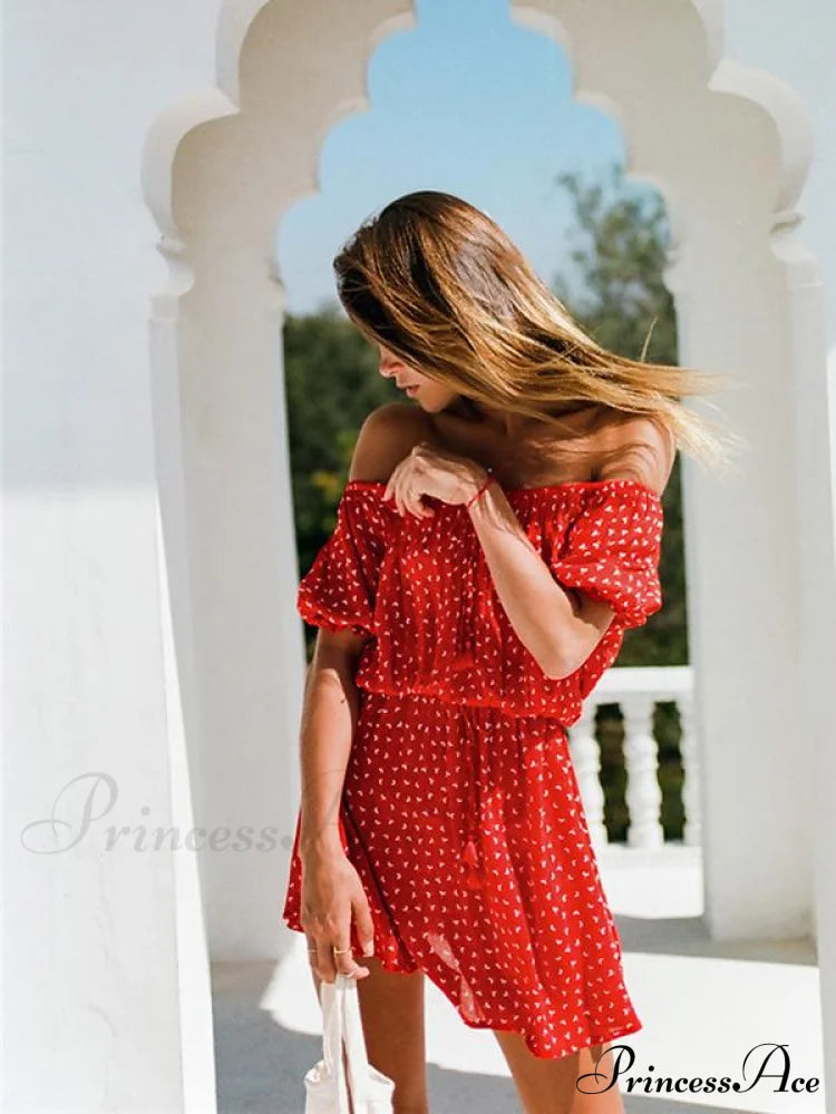 Summer Floral Printed Off-The-Shoulder Short Sleeves Mini Dress - Red Dresses