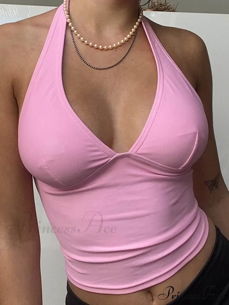 Summer Halter Camisole Women V-Neck Camis Skinny Backless Pink Corset Shirt Femmes Tank Top