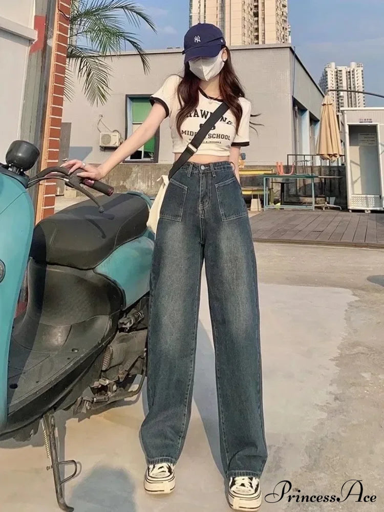 Summer Popular Light-Colored New Trendy Wide-Leg Japanese Fashion Jean Deep Blue / Xs