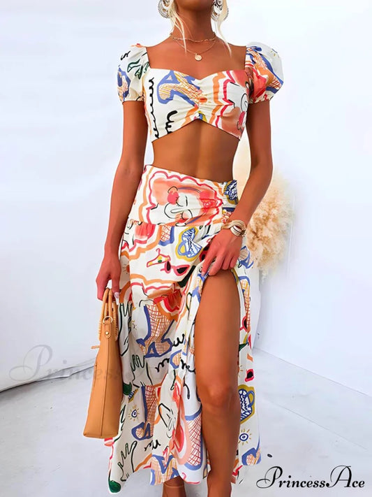 Summer Printed Top And Graceful Wrap Skirt Two-Piece Suit Multicolor / S Two Piece Outfits
