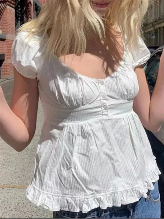 Summer Puff Short Sleeve Square Neck Blouse WHITE / S blouse-250126