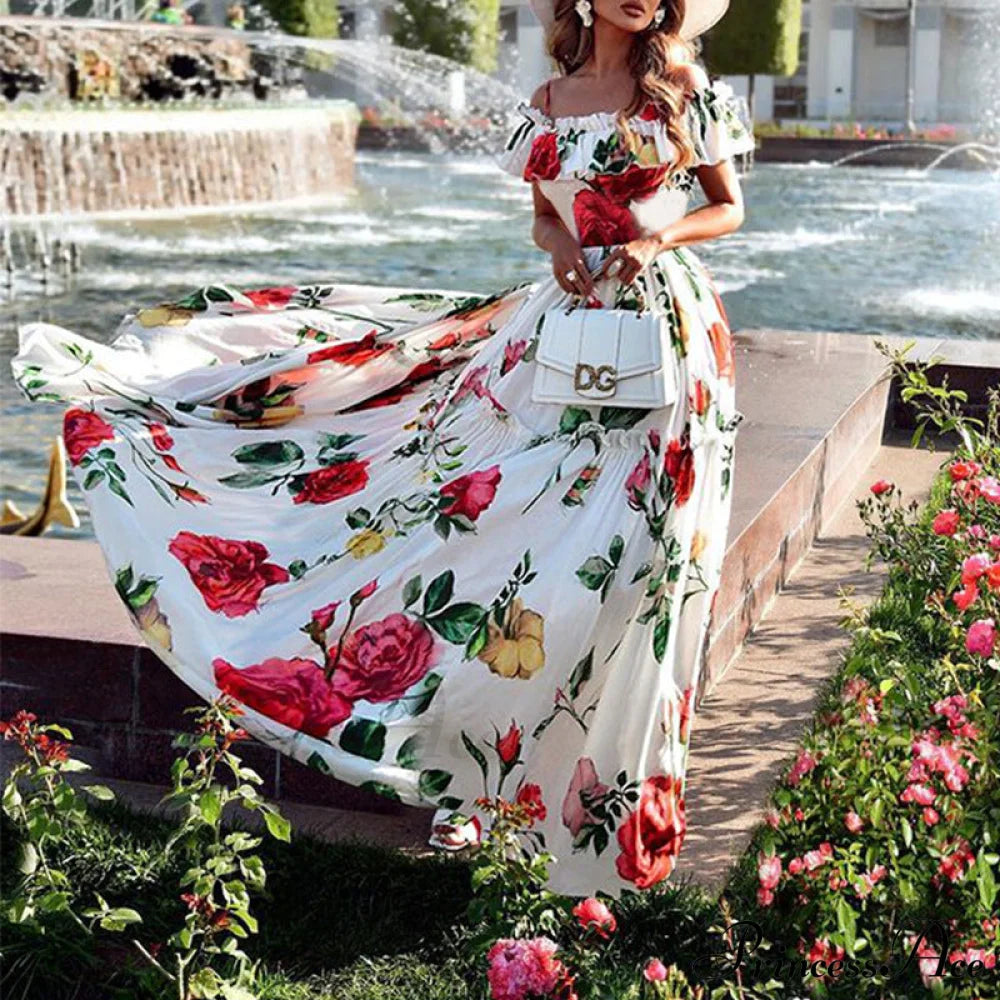 Summer Rose Off Shoulder Maxi Dress With Floral Print Rose Floral Maxi Beach Dress