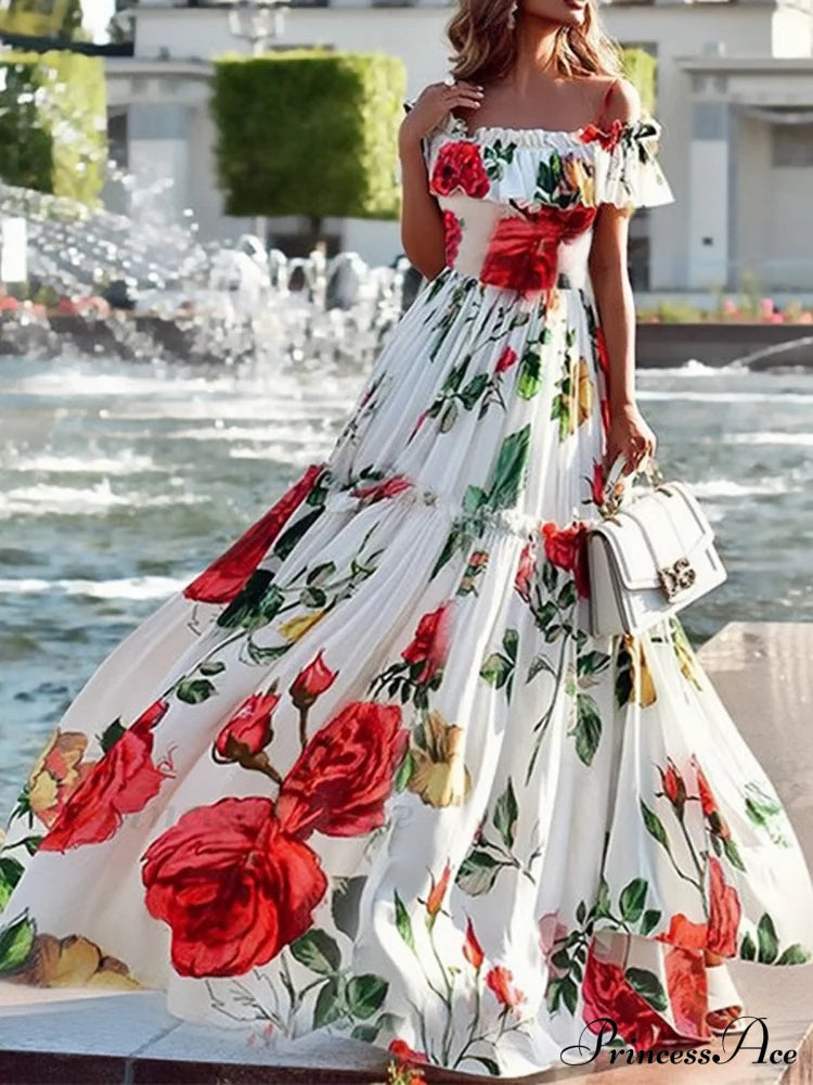 Summer Rose Off Shoulder Maxi Dress With Floral Print Rose Floral Maxi Beach Dress