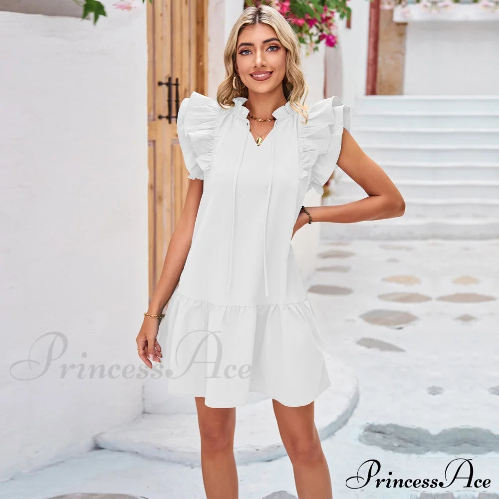 Summer Ruffle A Line Swing Dress M / White Green Ruffles A Line Dress