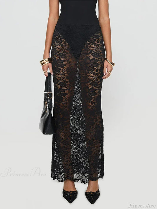 Summer Sexy Sheer Lace Floral Long Skirt Y2K Party Black / S skirt-250126