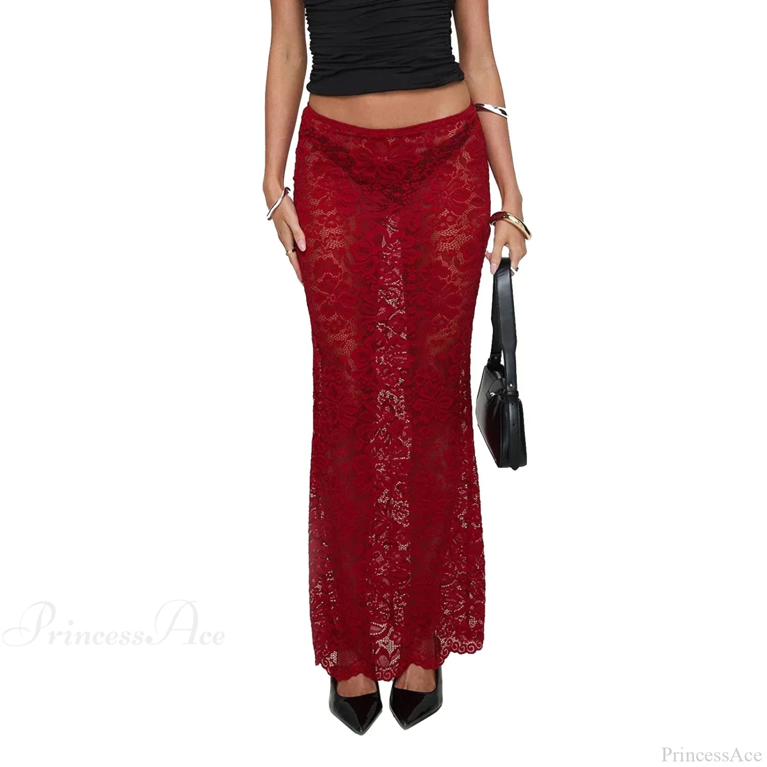 Summer Sexy Sheer Lace Floral Long Skirt Y2K Party Red / S skirt-250126