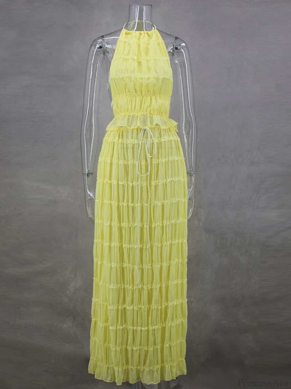 Summer Sexy Sleeveless Backless Top High Waist Skirt Beach Christmas Party Dress Yellow / S