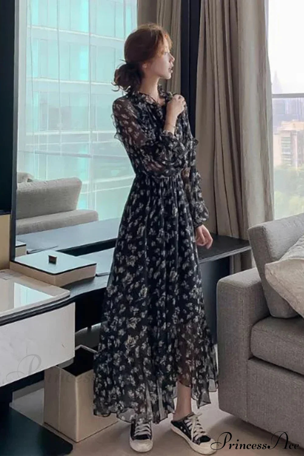 Summer Thin Floral Chiffon Lace Vintage Black Boho Dress