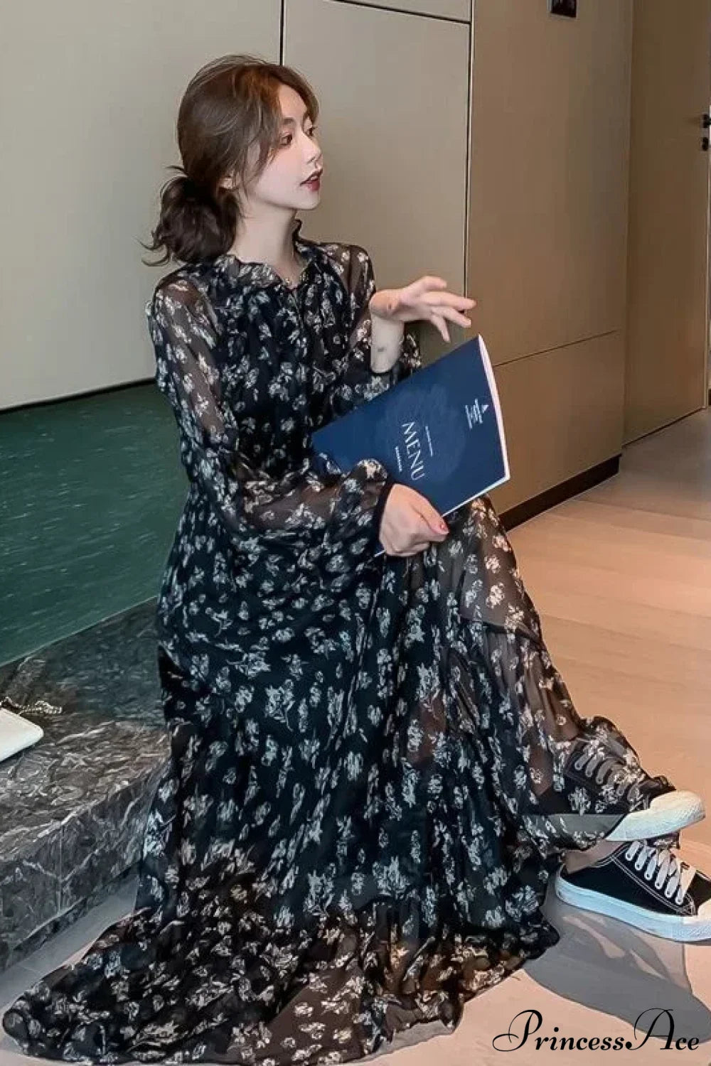 Summer Thin Floral Chiffon Lace Vintage Black Boho Dress