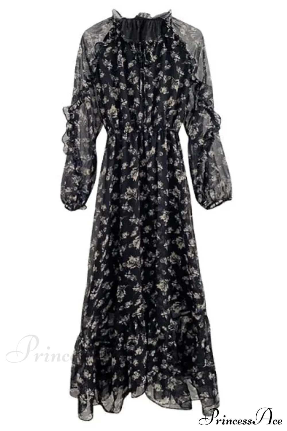 Summer Thin Floral Chiffon Lace Vintage Black Boho Dress / S