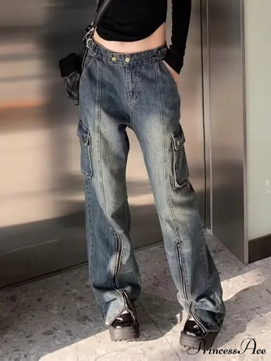 Summer Thin Style New High Waisted Skinny Horseshoe Small Flared Straight Leg Jean Blue / S