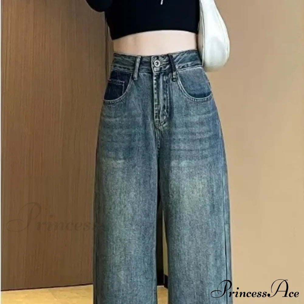Summer Thin Vintage Blue High Waist Slim Pear Shaped Contrast Straight Leg Wide Jean