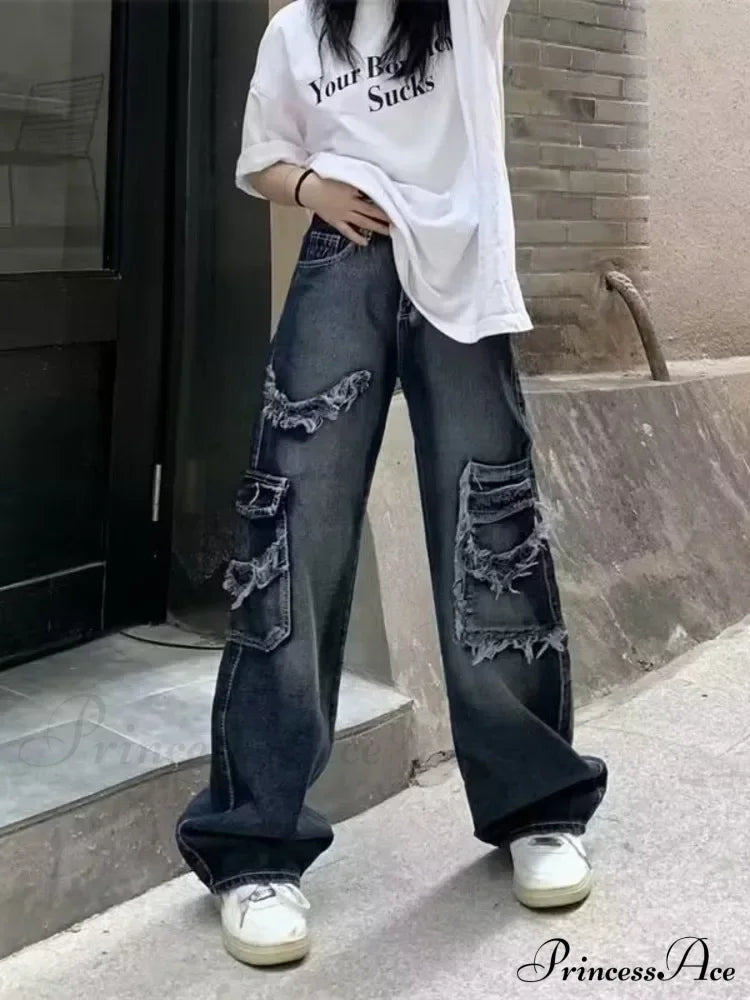 Summer Vintage Washed And Worn Out Versatile Straight Drop High Waist Wide Leg Women’s Jean