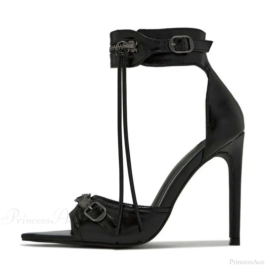 Summer Zip-Tassel Metal-Rivet Buckle Pointed Open-Toe Stripper Heels Wedding Banquet Stiletto High