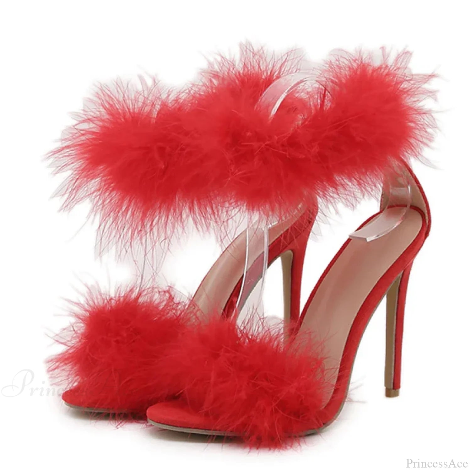 Summerfashion Faux-Fur Ankle-Strap Sandals Open-Toe Fluffy-Feather High-Heels Party Dress Women