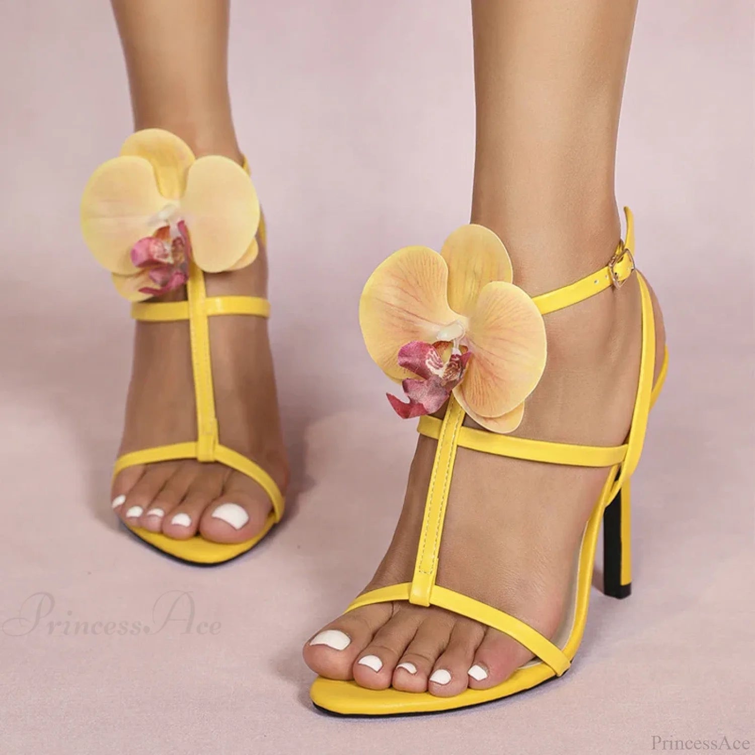 Summerfashion Flowers Ankle-Strap Gladiator Sandals Cozy Open-Toe Yellow High-Heels Party Dress