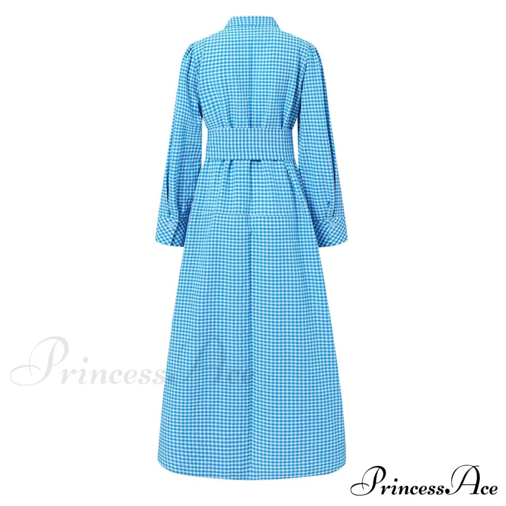 Sundress Plaid Blouse Women Vintage Spring Casual Pockets Patterned Belted Lapel Party Gown Button