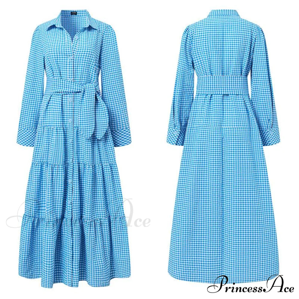 Sundress Plaid Blouse Women Vintage Spring Casual Pockets Patterned Belted Lapel Party Gown Button