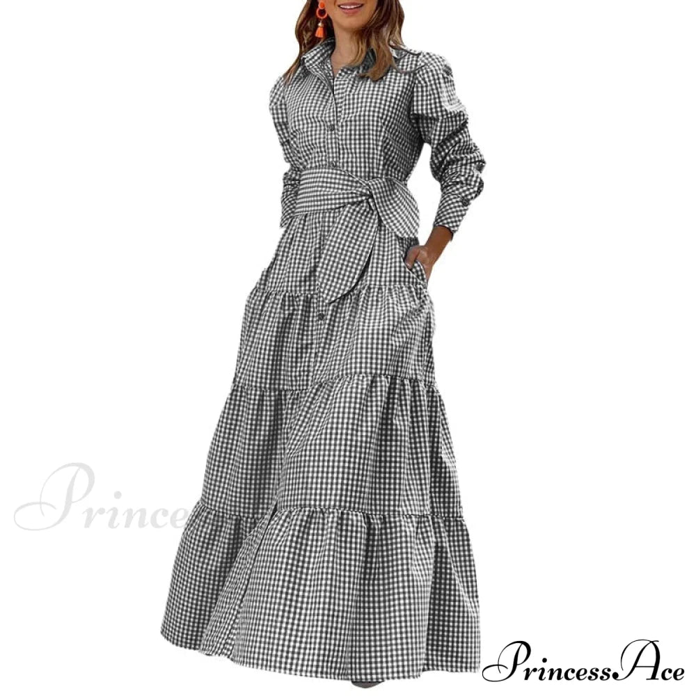 Sundress Plaid Blouse Women Vintage Spring Casual Pockets Patterned Belted Lapel Party Gown Button