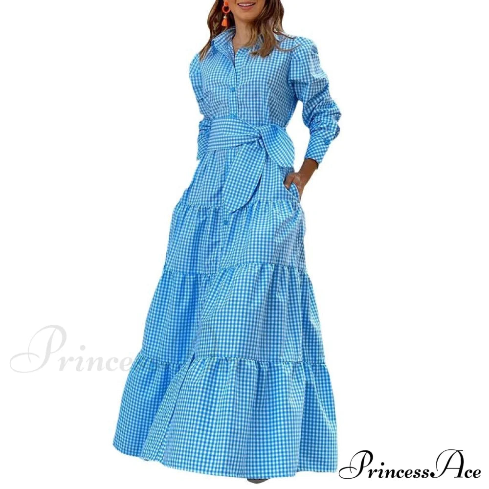 Sundress Plaid Blouse Women Vintage Spring Casual Pockets Patterned Belted Lapel Party Gown Button