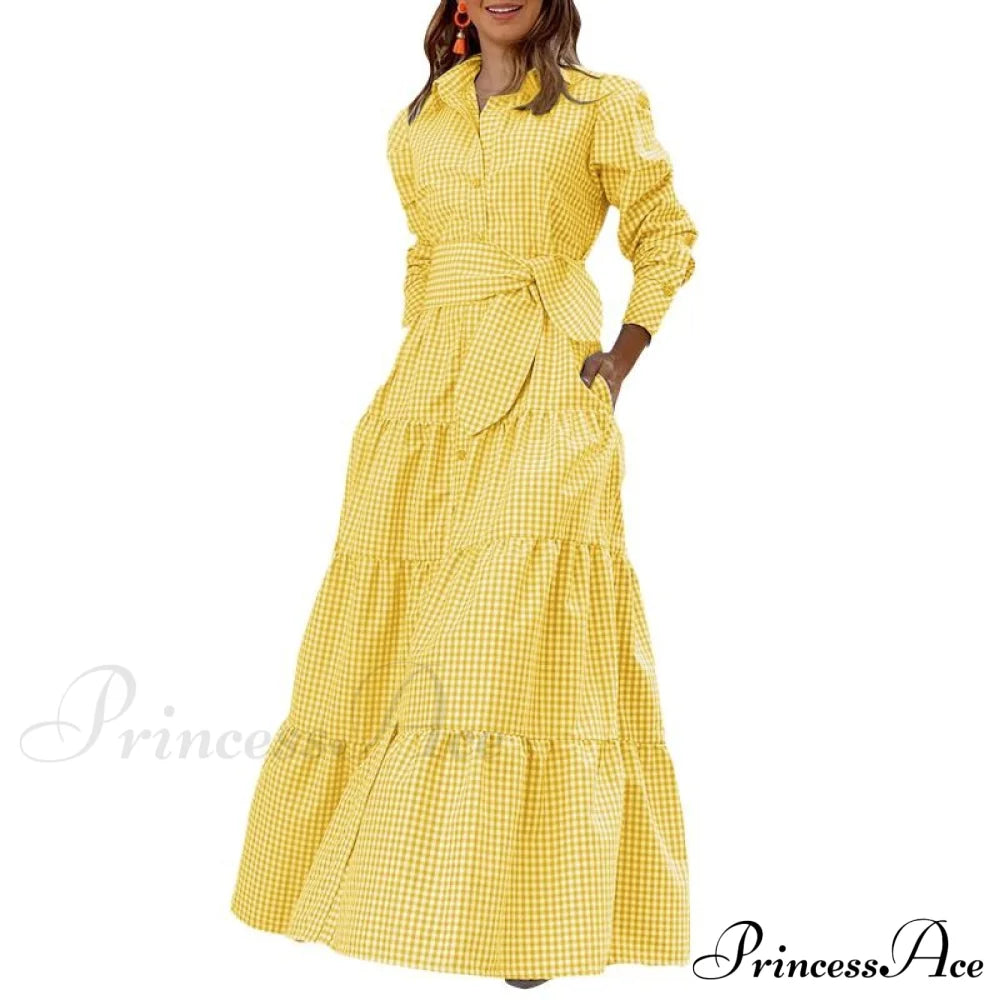 Sundress Plaid Blouse Women Vintage Spring Casual Pockets Patterned Belted Lapel Party Gown Button
