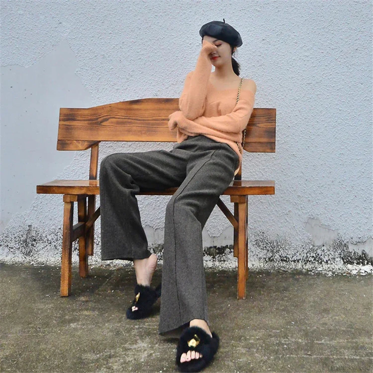 Super High Waist Wool Blend Warm Loose Cashmere Thick Woolen Pants Dark Grey / S 40-50Kg