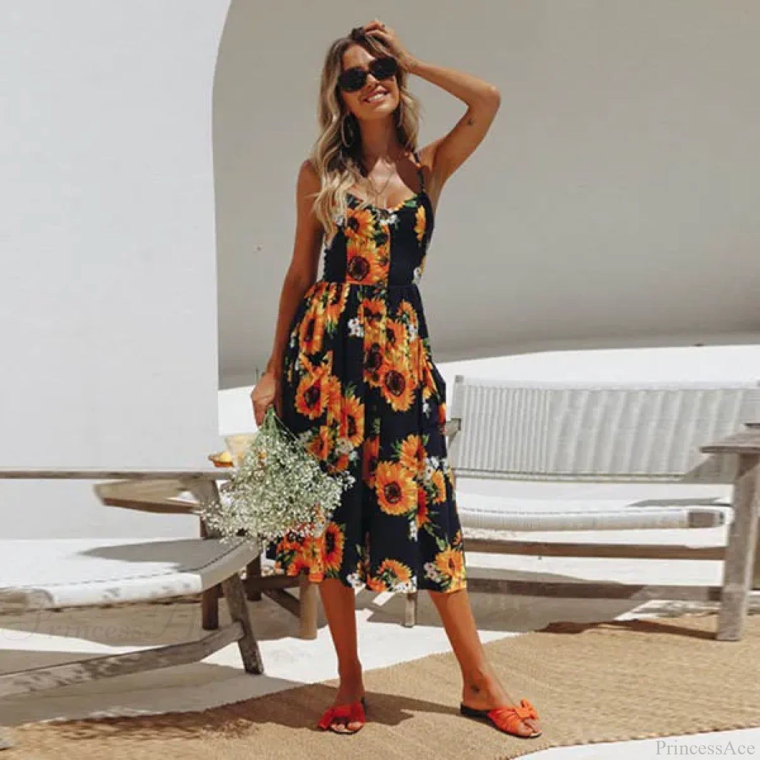 Suspender V-neck Sleeveless Floral Vacation Dress Orange / S oldfloraldress-250126