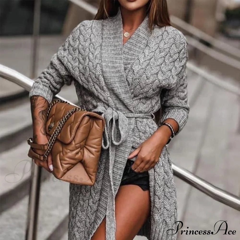 Sweater Cardigan Women Long Sleeve Lace-Up Loose Knitted Outwear Gray / One Size