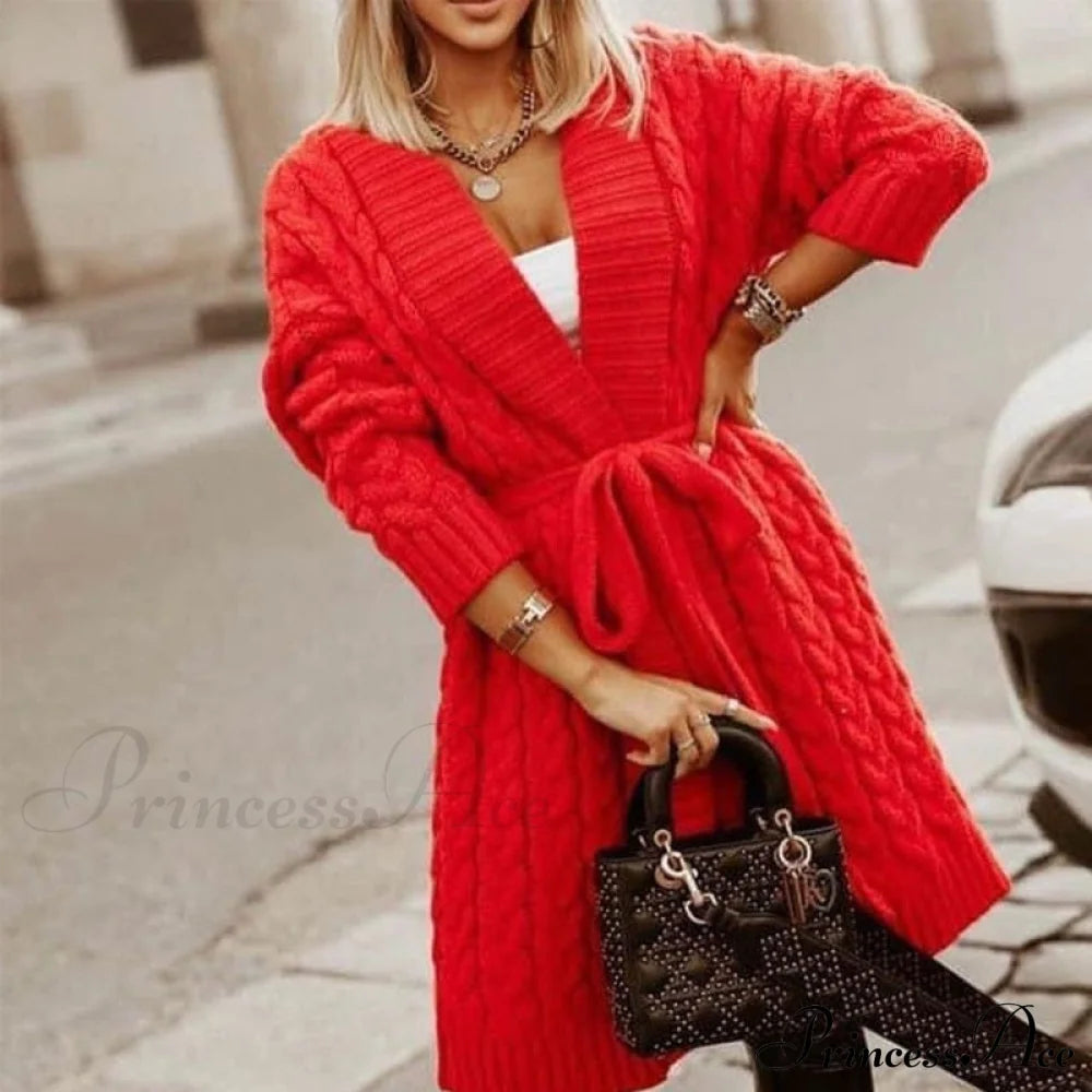 Sweater Cardigan Women Long Sleeve Lace-Up Loose Knitted Outwear Red / One Size