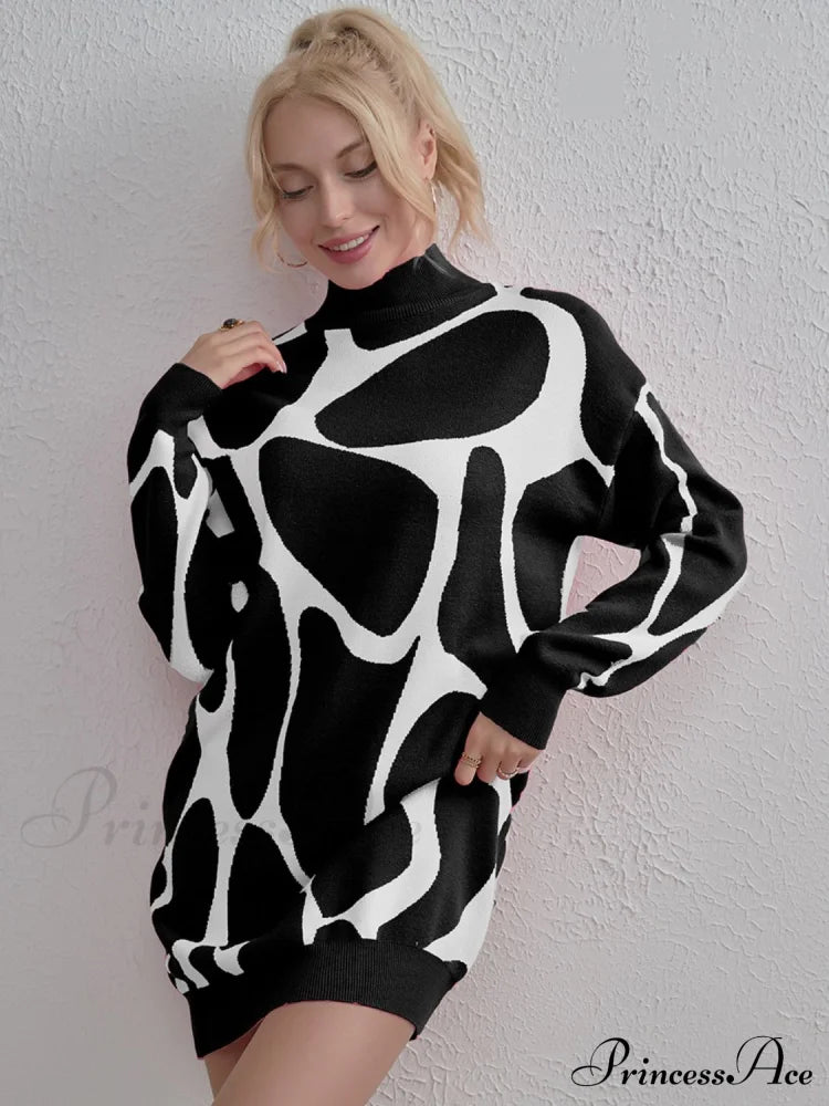 Contrast Mock Neck Sweater Dress Black One Size clothes H.Y@Maozhi Ship From Overseas Shipping Delay 10/01/2023 - 10/03/2023 shirt shirts sweater top tops trend