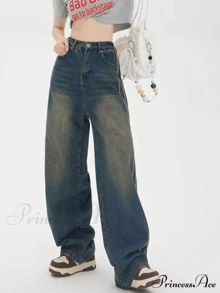 Sweeping Floor Spicy Girl Small Loose High Waisted Straight Leg Wide-Leg Jean