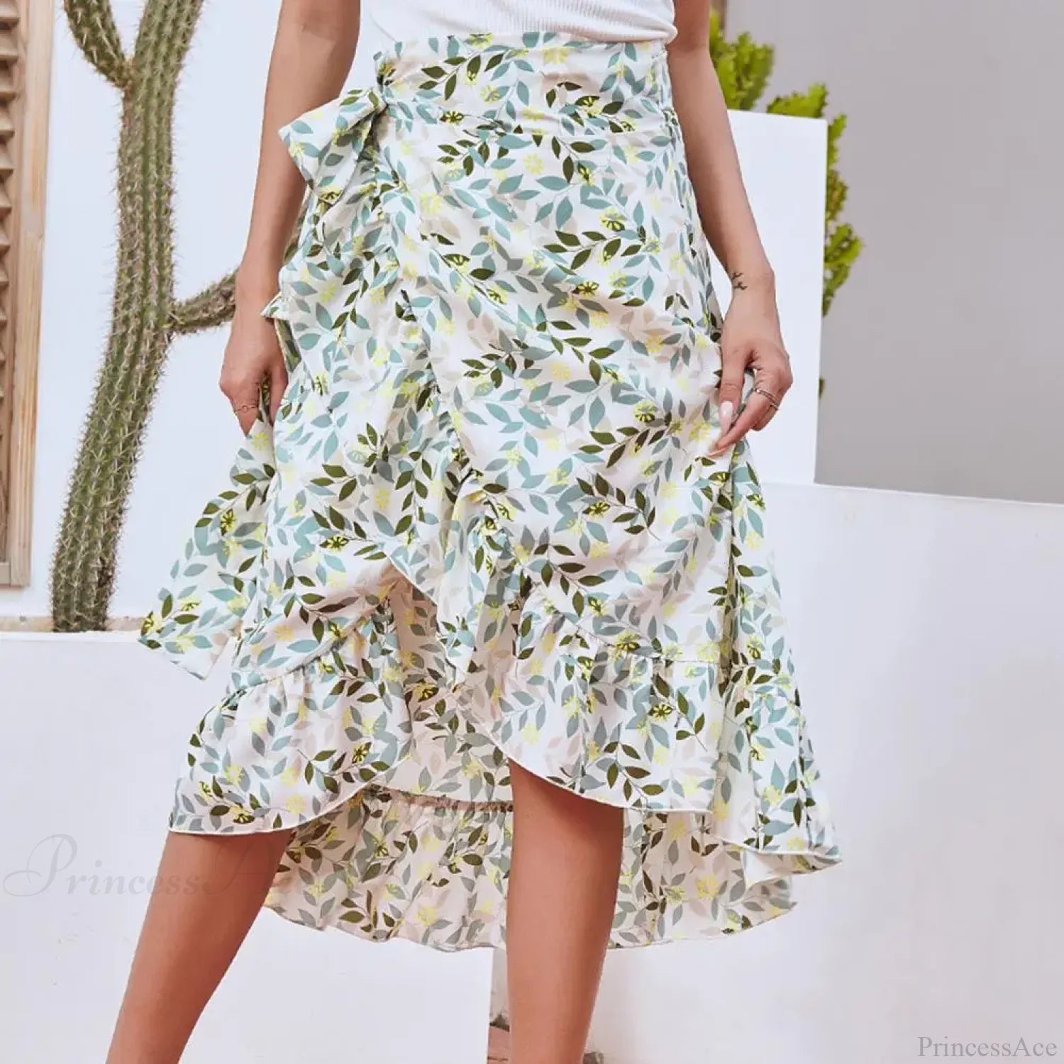 Sweet Breathable Flounce Hemline Slit Design Long Skirt Flower Color / S skirt-250126