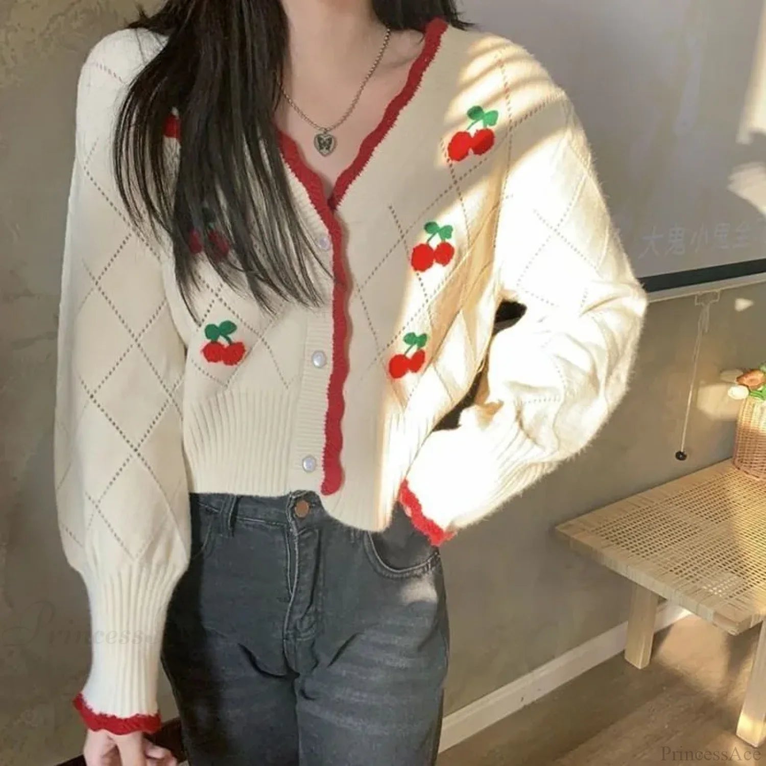Sweet Cherry Button-Up Patchwork Knit Cardigan WHITE / One Size cardiagn-250126