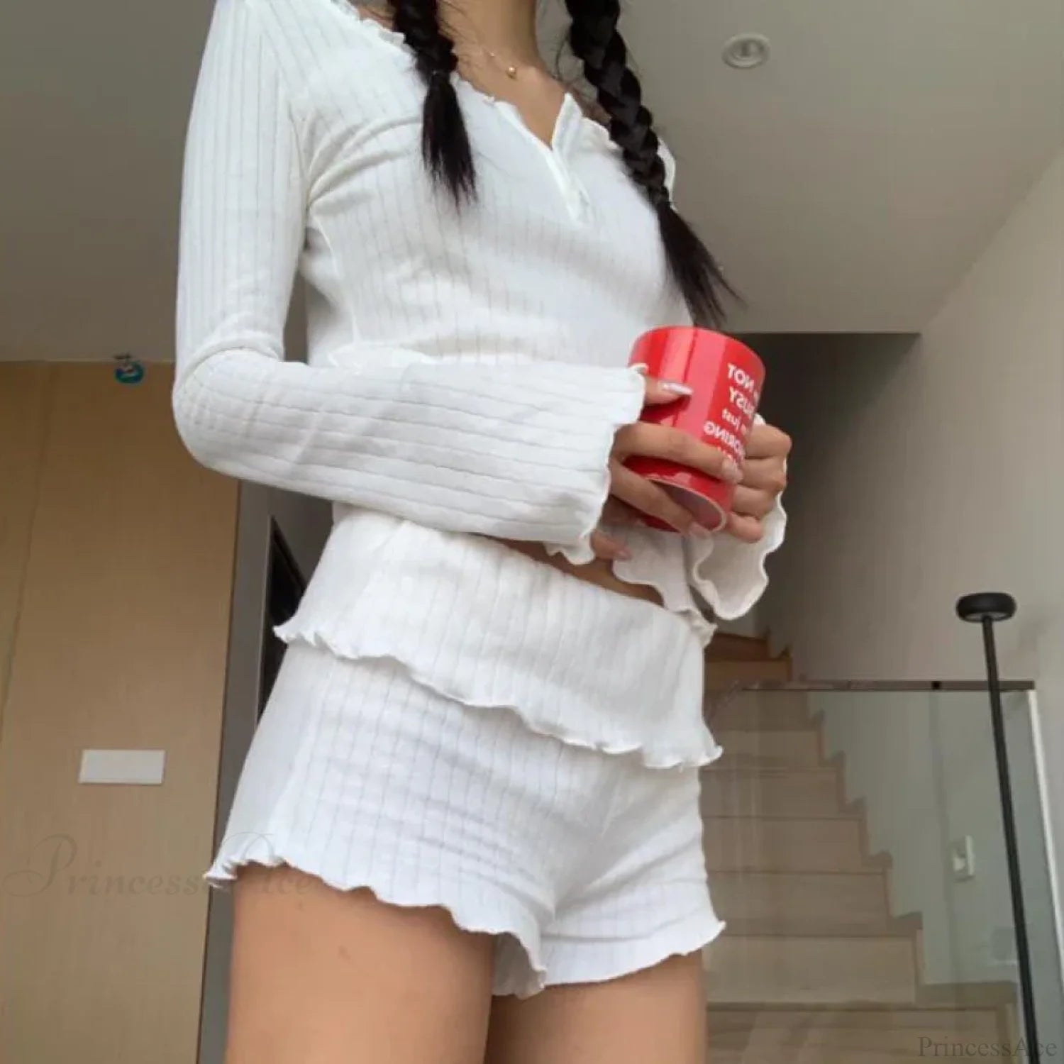 Sweet Girl Long Sleeve Crop Top Shorts Two Pieces Set twopiecesset-250126