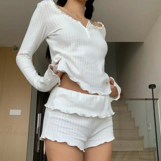 Sweet Girl Long Sleeve Crop Top Shorts Two Pieces Set WHITE / S twopiecesset-250126