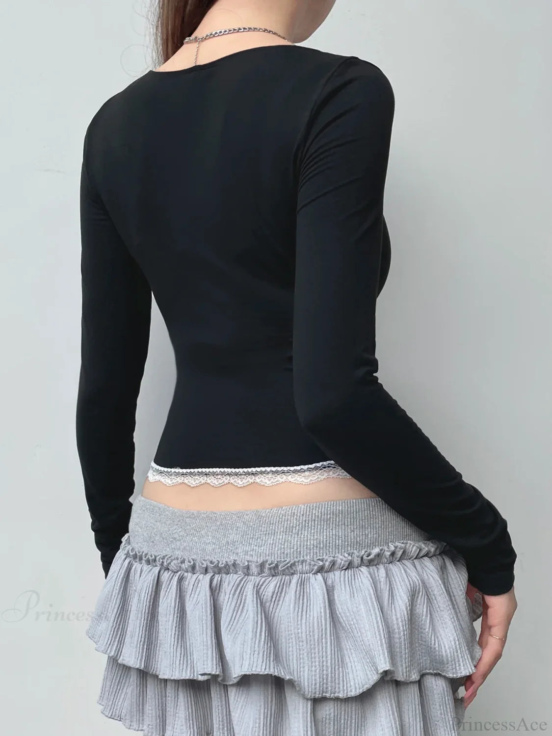 Sweet Lace Trim Cropped Square Collar Long Sleeve Knit Top knittop-250126