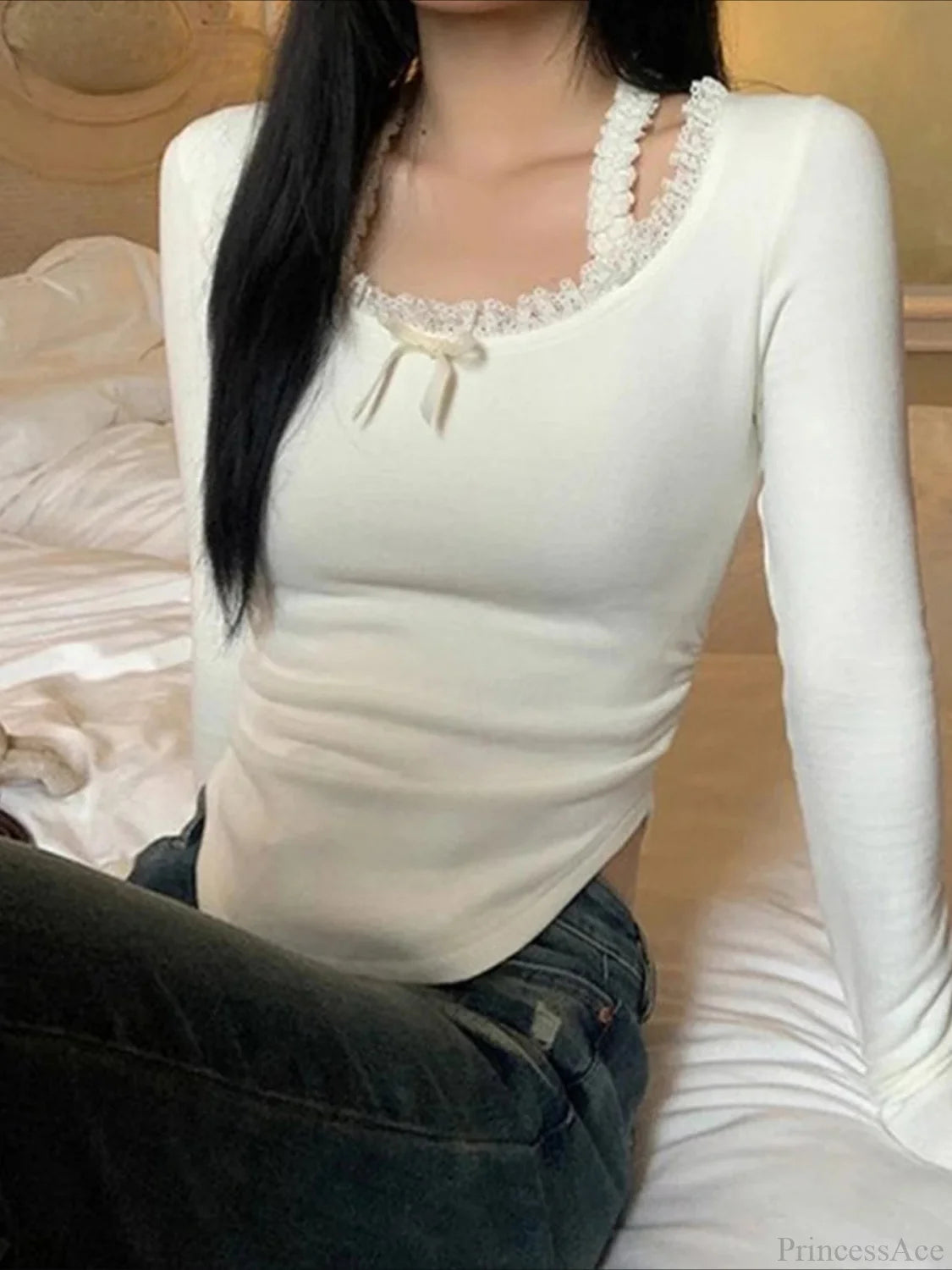 Sweet Lace Trim Halter Cropped O-Neck Long Sleeve Knit Top WHITE / S knittop-250126