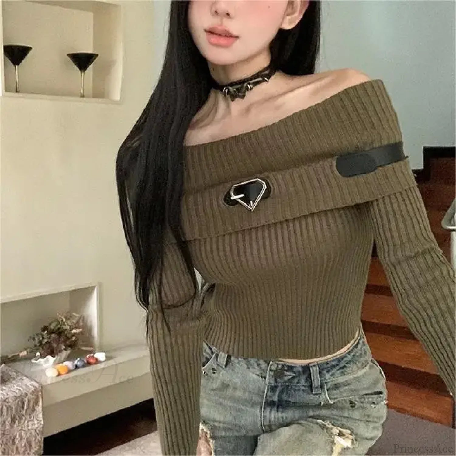 Sweet Off Shoulder Ribbed Crop Long Sleeve Slim Fit Knit Top Brown / One Size knittop-250126