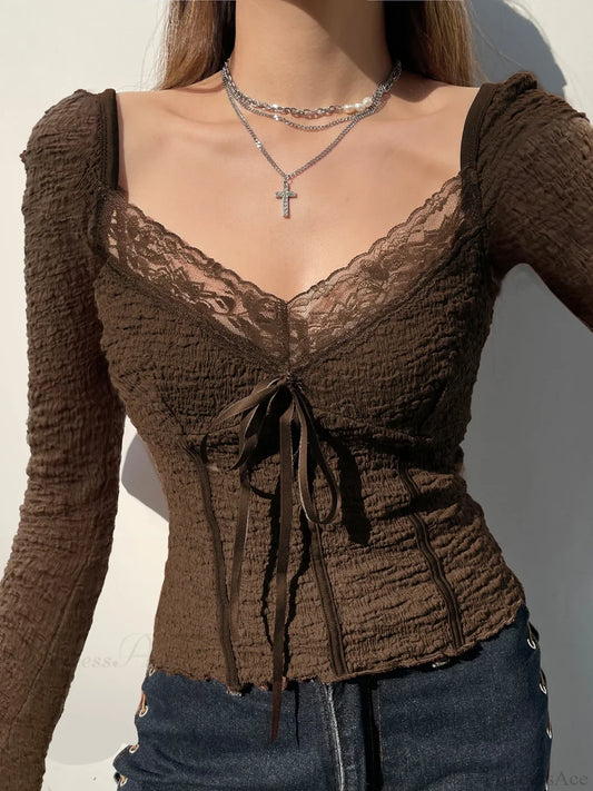 Sweet Patchwork Lace Trim Slim Square Collar Long Sleeve Knit Top knittop-250126