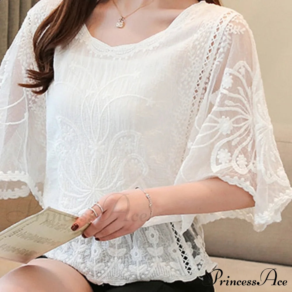 Sweet Spring Lace Fashion And Women’s Warm-Season Out Hollow 2024 White Blouse Top