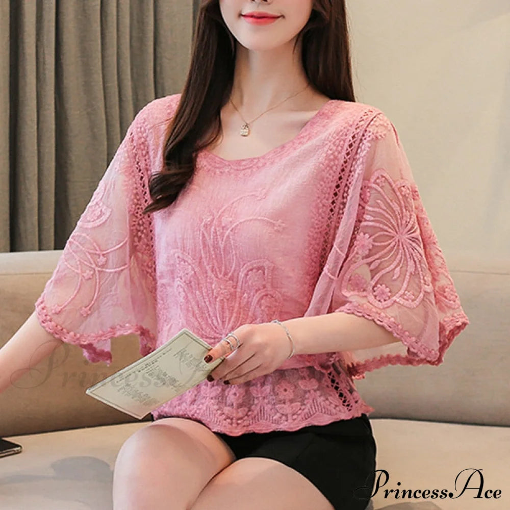 Sweet Spring Lace Fashion And Women’s Warm-Season Out Hollow 2024 White Blouse Top Pink / S