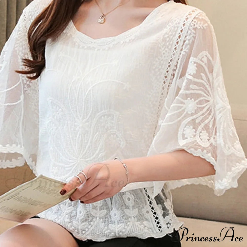 Sweet Spring Lace Fashion And Women’s Warm-Season Out Hollow 2024 White Blouse Top White / S
