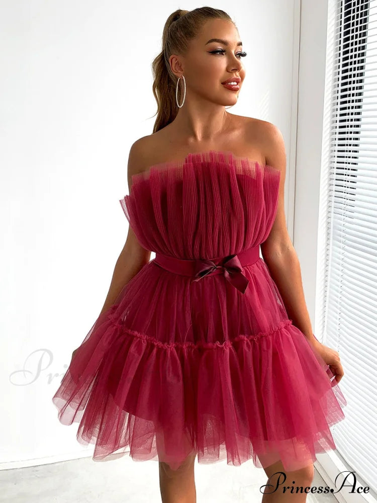 Sweet Women’s Mini Party Dress - Hot Pink S / Burgundy