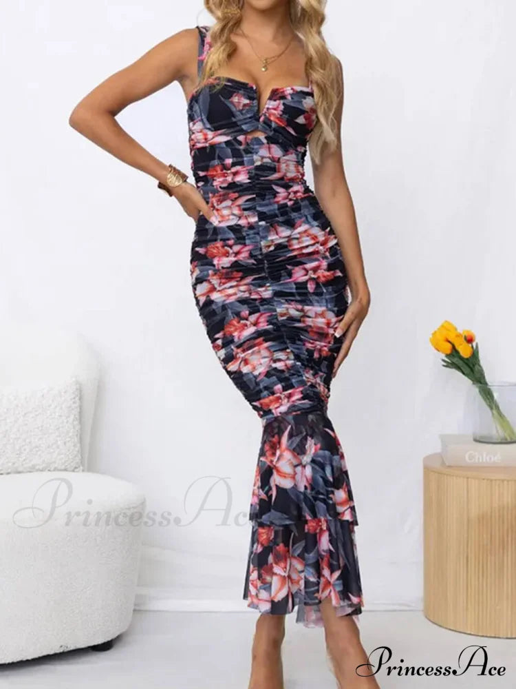 Sweetheart Neck Strap Printed Graceful Pleated Mesh Maxi Dress Black / S Dresses