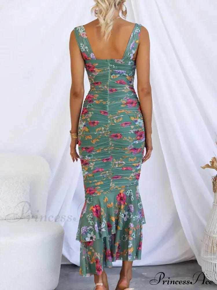 Sweetheart Neck Strap Printed Graceful Pleated Mesh Maxi Dress Dresses