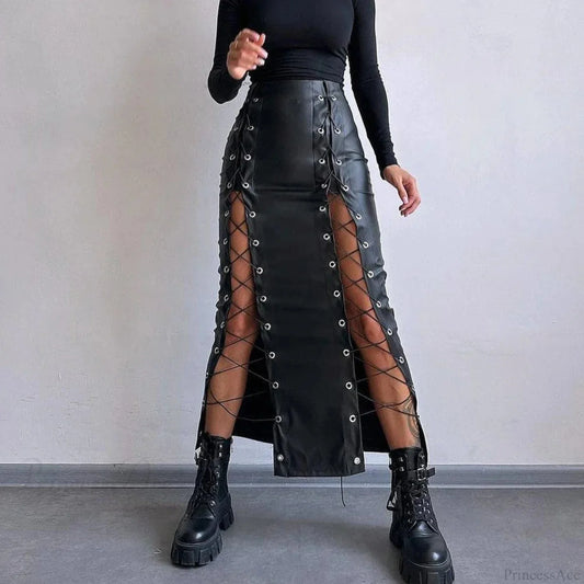 Synthetic Leather Patchwork Skirt Black / S